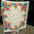 Vintage Wool Floral White Fringe Shawl, Pink flowers Ukrainian White Shawl, Russian Floral Scarf, Fl