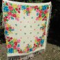Vintage Wool Floral White Fringe Shawl, Pink flowers Ukrainian White Shawl, Russian Floral Scarf, Fl