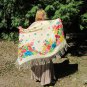Vintage Wool Floral White Fringe Shawl, Pink flowers Ukrainian White Shawl, Russian Floral Scarf, Fl