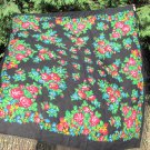 Wool Black Vintage With Fringe Ukrainian Scarf, Russian Floral Scarf, black shawl, black USSR Shawl,