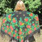Wool Vintage Black With Fringe Ukrainian Scarf, Russian Floral Scarf, black shawl, black USSR Shawl,