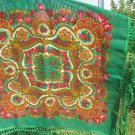 Asian small Green Vintage Shawl With Fringes, Asian Floral Green Scarf, Asian style shawl, floral wo