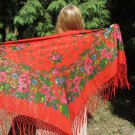 Japan Vintage Red Shawl With Fringes, Asian Floral Red Scarf, Asian style shawl, floral wool red sca