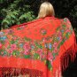 Japan Vintage Red Shawl With Fringes, Asian Floral Red Scarf, Asian style shawl, floral wool red sca
