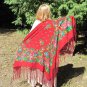 Asian Red Vintage Shawl With Fringes, Japan Floral Red Scarf, japan style shawl, floral wool red sca