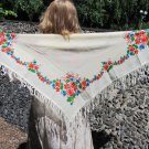 Vintage Floral Medium White Scarf, Ukrainian White Shawl, Russian Floral Scarf, Floral White Head Sc