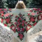 Vintage Floral White Scarf, Ukrainian White Shawl, Russian Floral Scarf, Russian Shawl, Floral Head