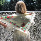 Vintage Floral Wool White Scarf, Ukrainian White Shawl, Russian Floral Scarf, Floral White Head Scar