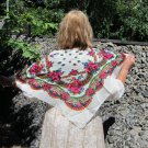 Vintage Wool and Acrylic Floral White Scarf, Ukrainian Babushka White Shawl, Russian Floral Scarf, F