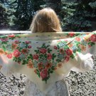 Vintage Floral White Scarf, Ukrainian Wool White Shawl, Russian Floral Scarf, Floral White Head Scar