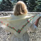 Small Floral Scarf, Vintage Wool Floral White Scarf, Ukrainian White Shawl, Floral White Head Scarf,