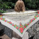 Vintage White Wool Floral Bride Scarf, Ukrainian White Shawl, Russian Floral Scarf, Floral White Hea