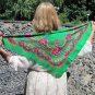 Vintage Wool and Acrylic Floral Black or Green Scarf, Ukrainian Green Shawl, Black Russian Floral Sc