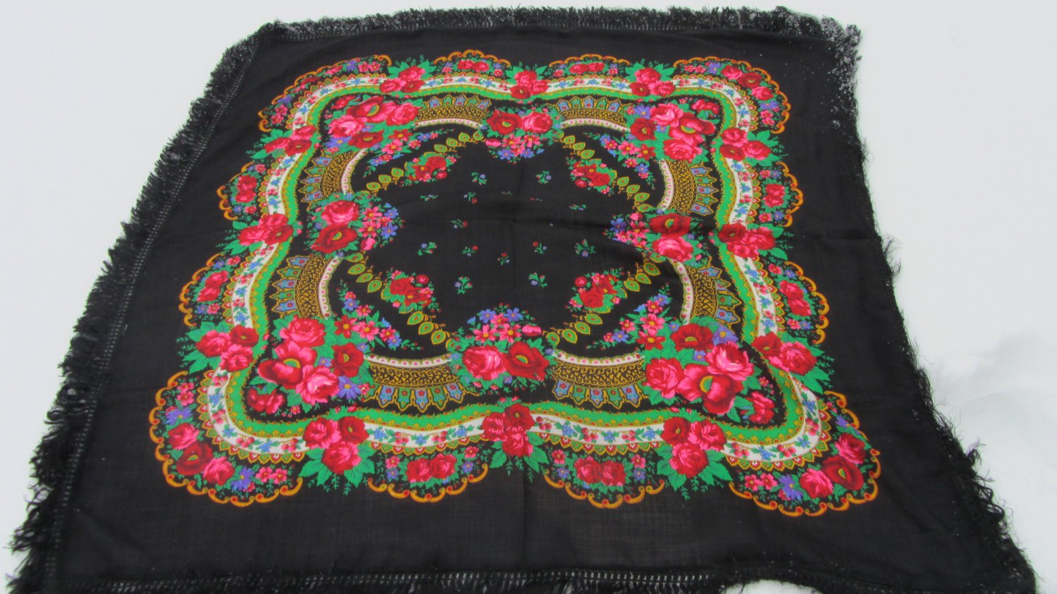 Vintage Wool Black Shawl, Vintage Ukrainian Shawl, Russian Floral Scarf ,russian floral scarf, head