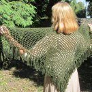 Vintage wool shawl green crochet shawl with fringes, green boho triangle shawl 1980's, vintage green