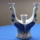 Vintage ceramic candle holder made in USSR 3 C-shape white and blue 70's decorative collectible
