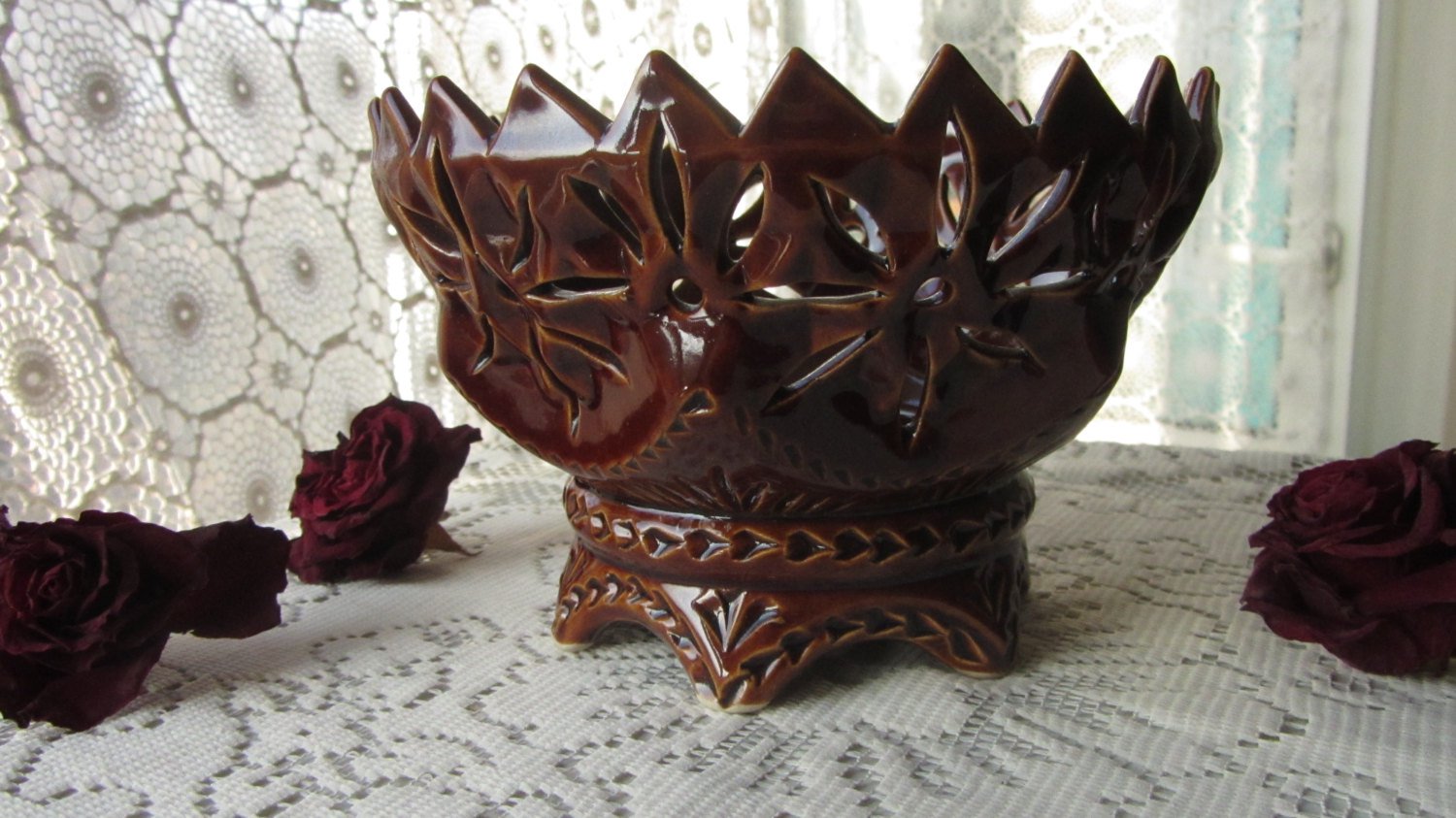 Brown Ceramic Vintage Cookie jar, Serving patterned bowl decor, Decor bowl for candy, Candy jar gift