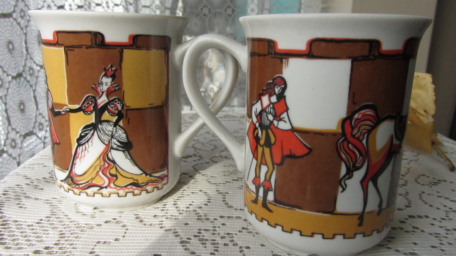 Ceramic mugs set, set of two vintage coffee cups, checkers design