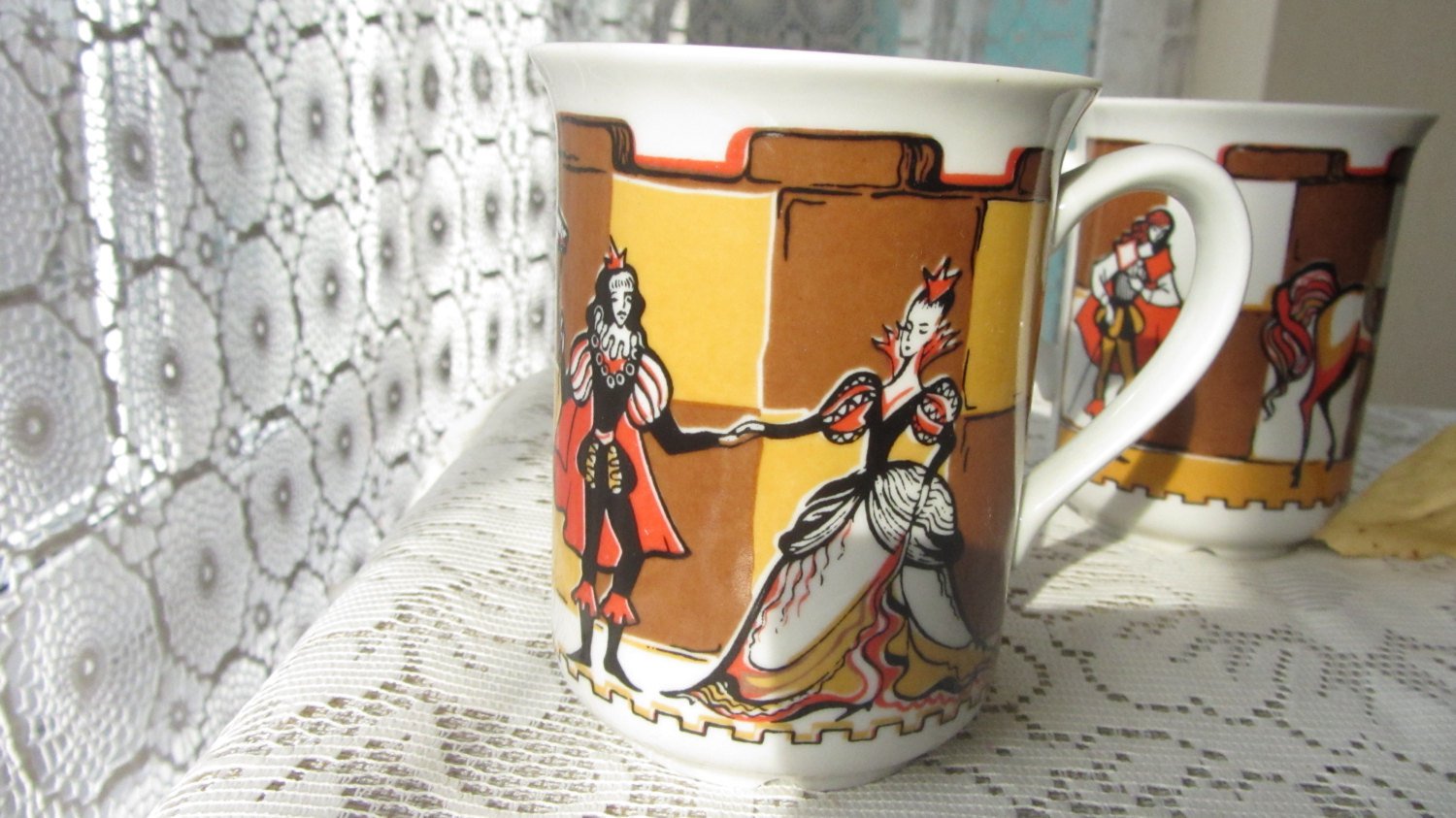 Ceramic mugs set, set of two vintage coffee cups, checkers design