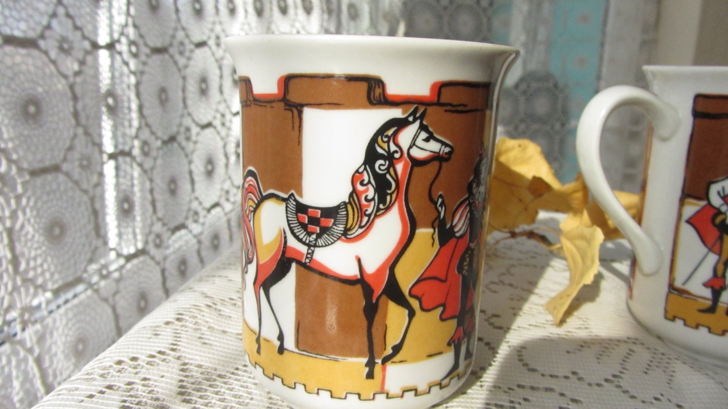 Ceramic mugs set, set of two vintage coffee cups, checkers design