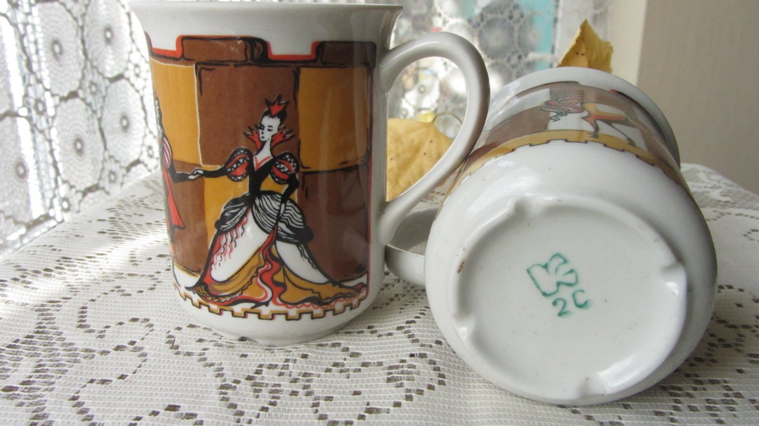 Ceramic mugs set, set of two vintage coffee cups, checkers design