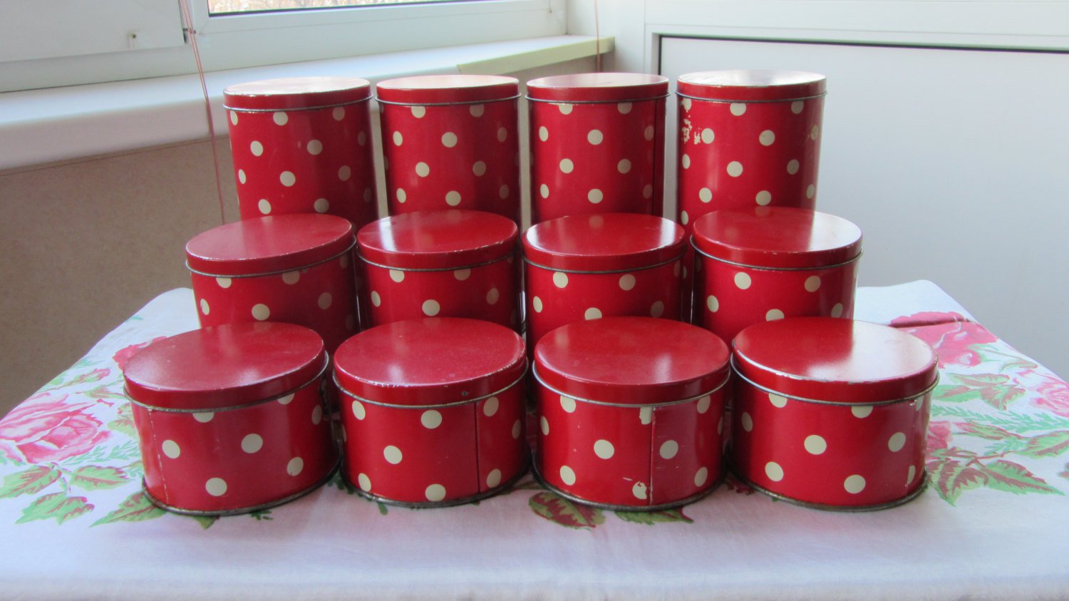 Tin Container, Vintage Polka Dots Decor. Vintage Tin, Red and Wite, Ussr Era polka dot tins