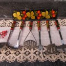 Vintage Khokhloma Kitchen Set of 6, Rustic Kitchen Set, Wooden Hand Painted Handles, Russian Folk Ar