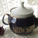Unique Blue with Gold ornament tea pot, Ceramic tea pot, vintage blue pottery tea pot, blue teapot c