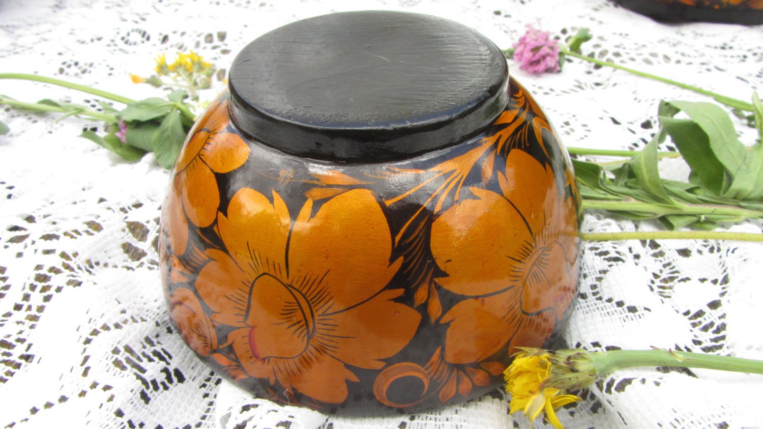 Hand Painted Russian Vintage Wooden Bowl, Traditional Russian Khokhloma Bowl, Floral Wooden Bowl, La