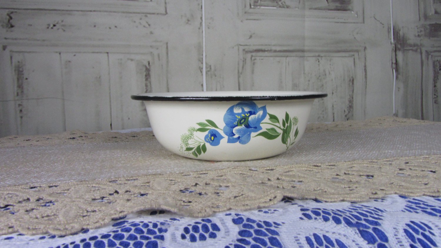 Black Rim White floral art enamel plate, Vintage camping plate, White