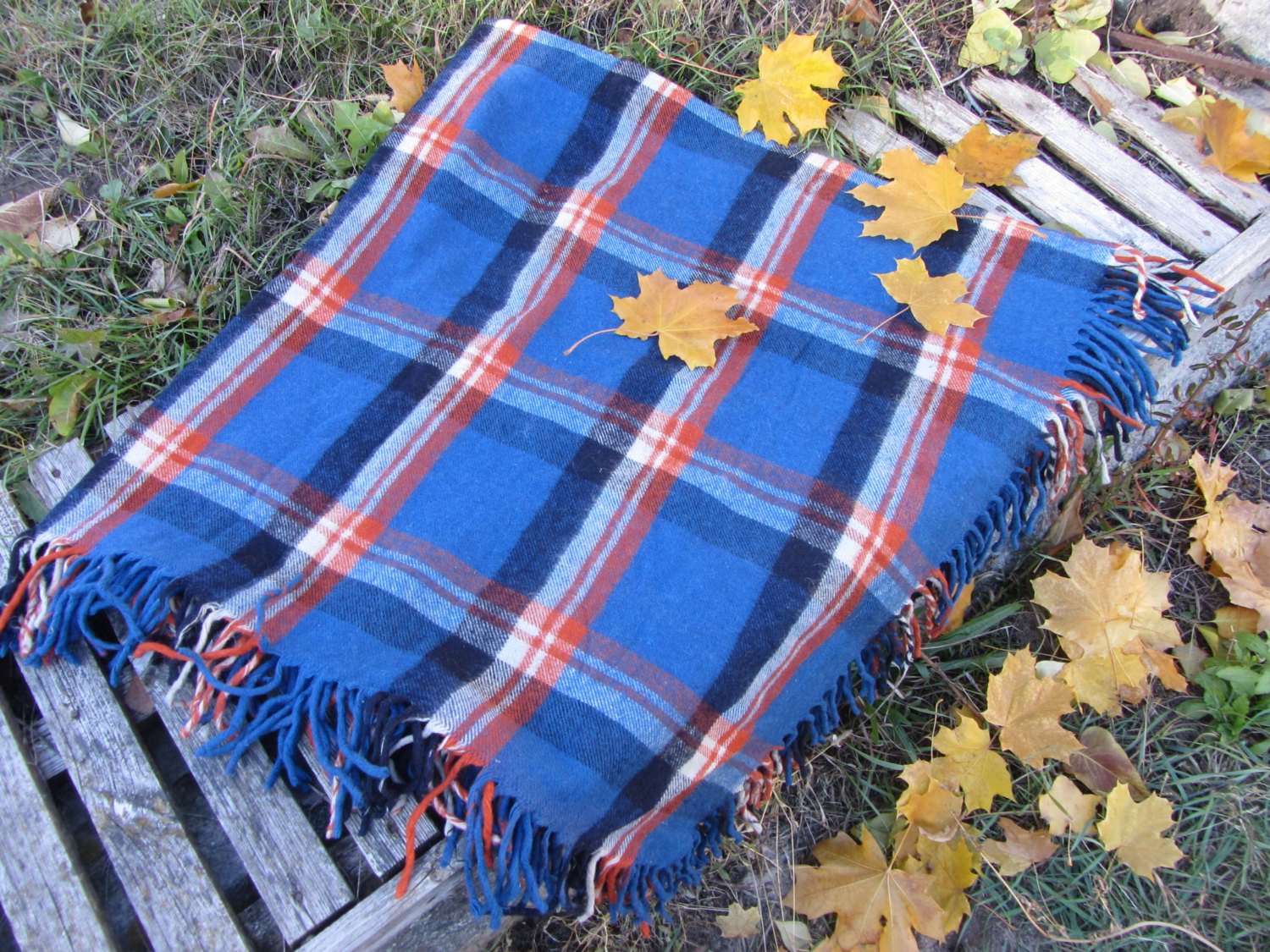 Blue, Yellow Black checkered pattern wool scarf, USSR vintage wool scarf, Warm gift for christmas, C
