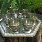 Midcentury lookind small cup set of 6 with tray, Curved silver color Goblets set with tray, Vine/Cog