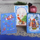 Set of 3 Christams Post Cards On Blue Background Santa Claus with Gifts, Dez Moroz Russian Happy New