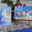 Two Cute and Fancy Fairy Tale Christmas USSR Blue background Christmas Cards, Santa Claus Ded Moroz 