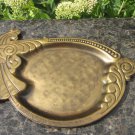 Golden Colored Vintage Tray With Cock Shaped Handle And Pattern On Edges, Metal Golden Colored Tray 