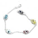 Sterling Silver Multi Colored Good Luck Evil Eye Protection Hamsa Bracelet- 7.0"