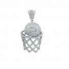 925 Sterling Silver Micro Pave Cubic Zirconia Basket Ball and Hoop Charm Pendant