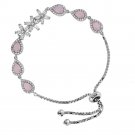 925 Sterling Silver Flowers and Rose Quartz Chain Cubic Zirconia Charm Bracelet