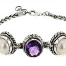 925 Burnished Sterling Silver Mabe Pearl and Amethyst Chain Charm Bracelet - 7.5