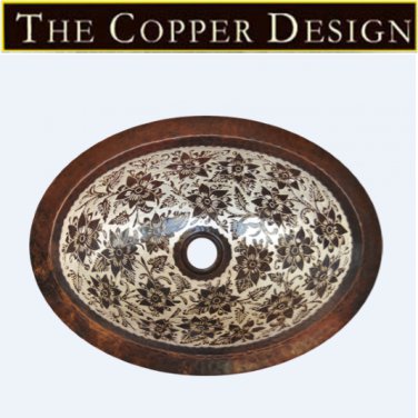 Oval Copper Sink With Silver Flower Design