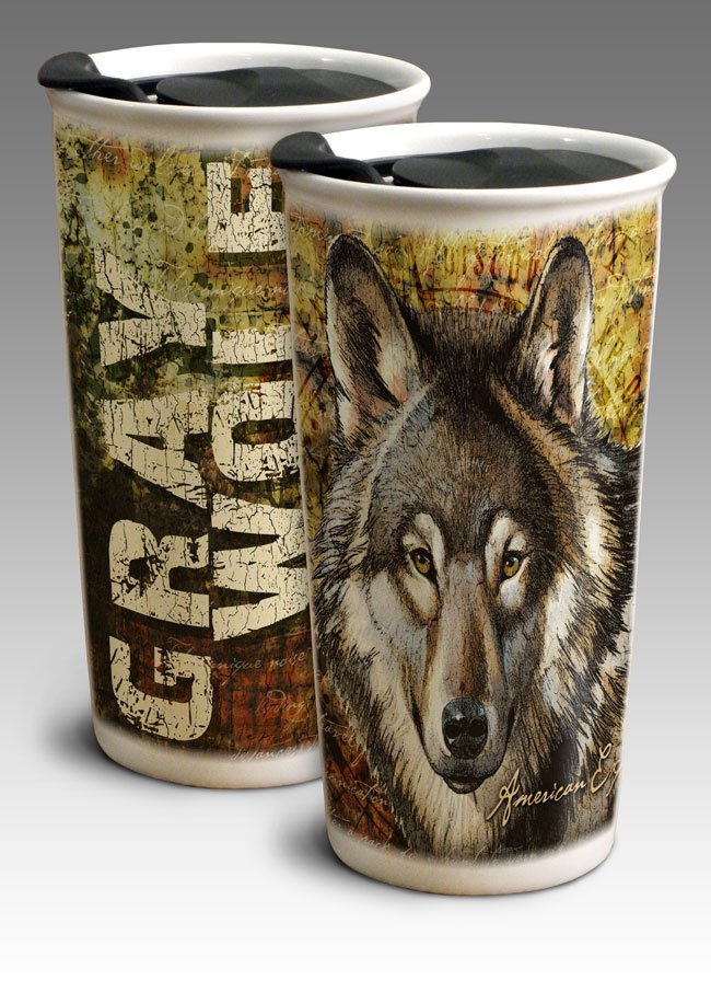 Gray Wolf 12oz. Double-Walled Graphic Art Ceramic Travel Mug
