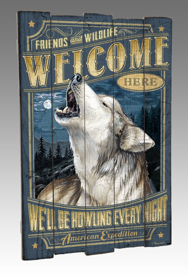 Gray Wolf Wooden Cabin Sign