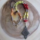 Ethiopian Long Necklace-Vintage Cross Pendant Old Silver-Metal and Glass Beads