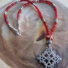 Ethiopian Long Necklace-Orthodox Cross Pendant Old Silver-Metal and Glass Beads