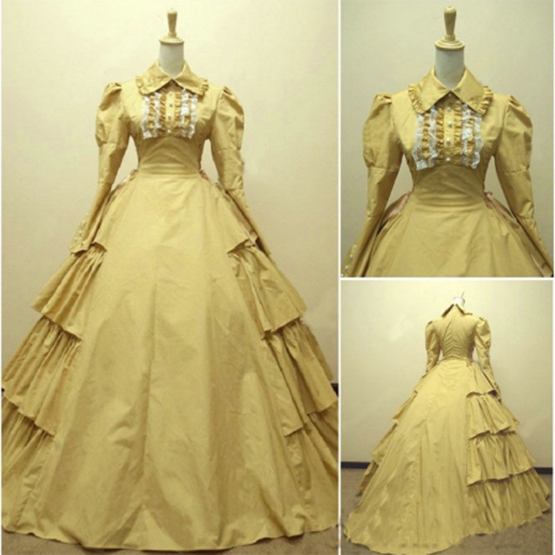 Yellow Long Sleevess Classic Medieval Victorial Gothic Dress W1129