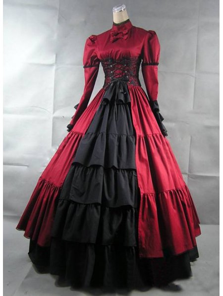 Red and Black Long Sleeves Medieval Victorial Gothic Wedding Ball Gowns Custom Made