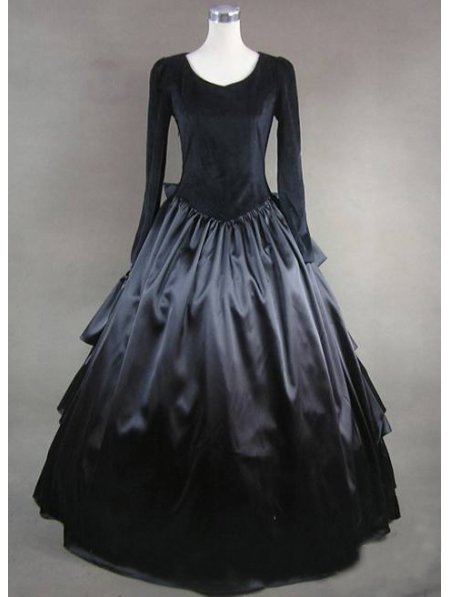Black Long Sleeves Satin Simple Gothic Medieval Wedding Ball Gowns Custom Made