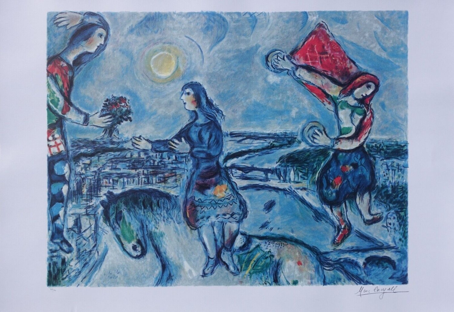 Marc Chagall Lovers Over Paris Lithograph Large Art Print 34 X 25