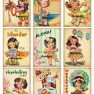 9 x Vintage Little Hula Girls Gift Tags / Images .. Party .. Birthday