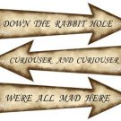 1 x Alice in Wonderland Arrow Shape Signs ..DOWN THE RABBIT HOLE..CURIOUSER  CUR